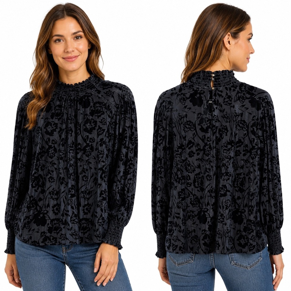 Knox Rose Medium Black Floral Burnout Velvet Mock Neck Blouse Smocked Cuff